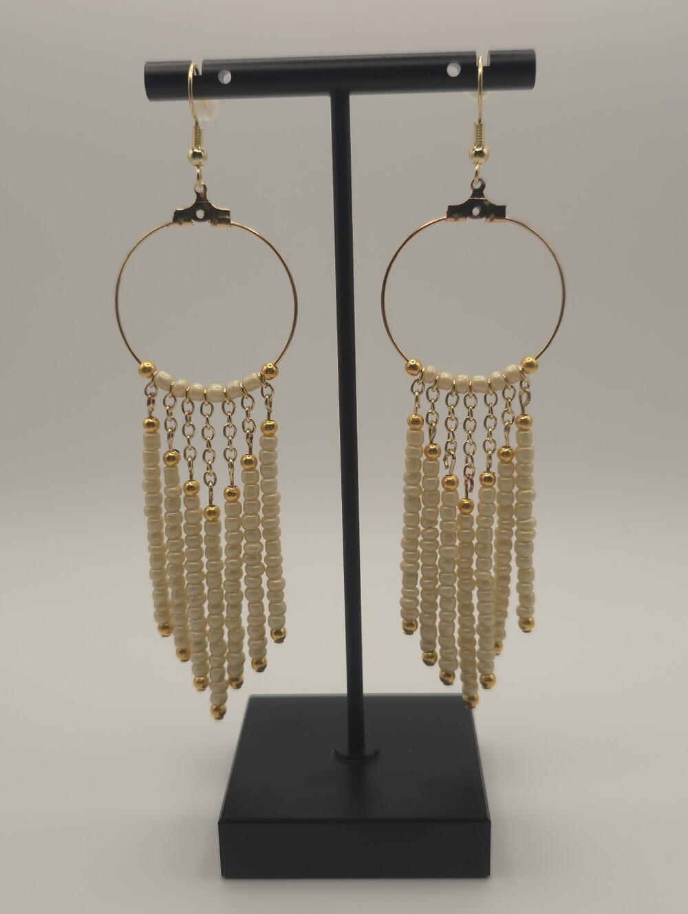Hand Crafted Gold Hoop Fringe Earrings with Cream Beads